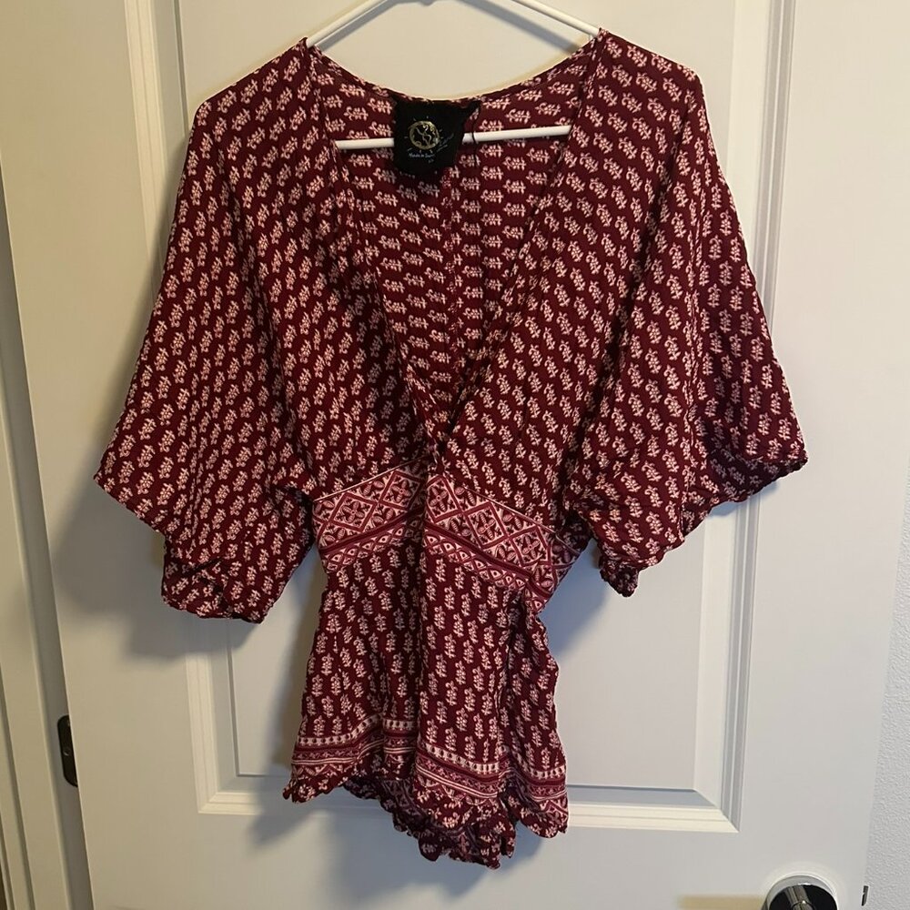Blue Life Red Patterned Deep V Cinched Top